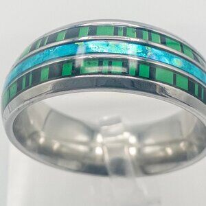Stainless Steel Ring with Green and Blue Inlay